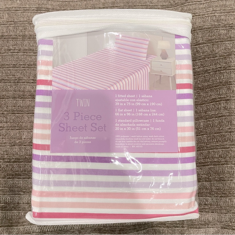 NEW Twin 3 Piece Sheet Set Purple Pink White Striped Bedding‎